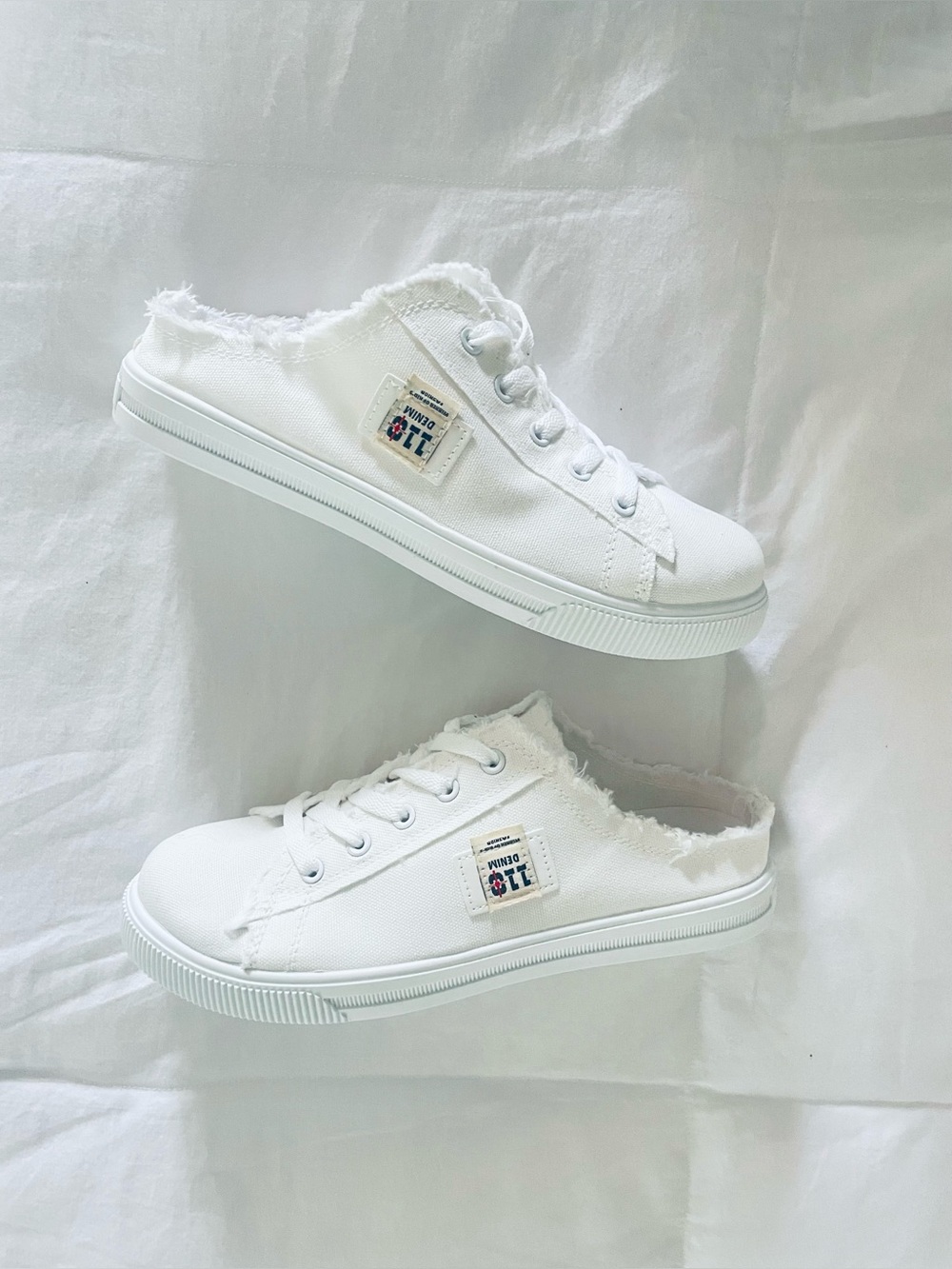 QZUnique Women's Canvas Sneakers Slip-On Mule Backless Low Top White w Lace Up